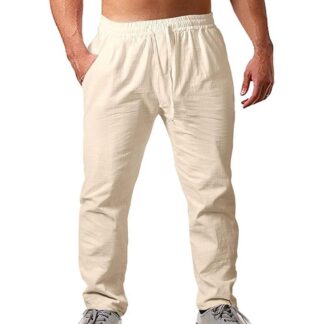 Meeste puuvillase/linase segu püksid, veniv vöökoht, kaki (2XL)