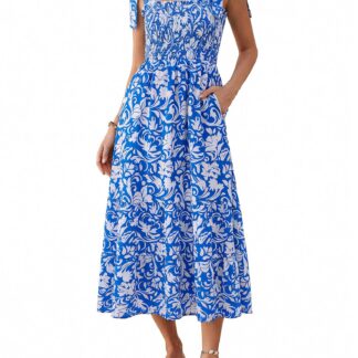 Kroogitud lilleline boho-maksikleit, sinine (s. XL)