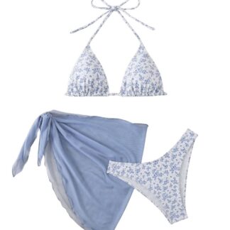 Naiste bikiinikomplekt seelikuga, lilleline, sinine (M)