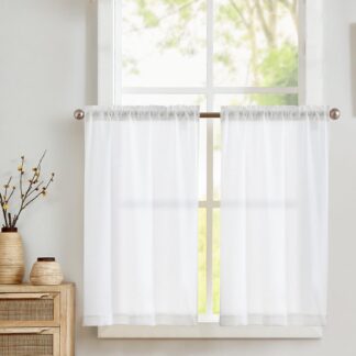 Linase ilmega lühikesed bistroökardinad, valged (2tk, 65x90cm)