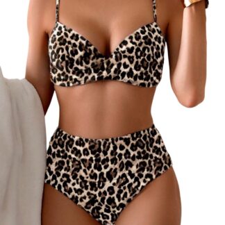 Leopardimustriga push-up bikiinikomplekt, kõrge piht (L)