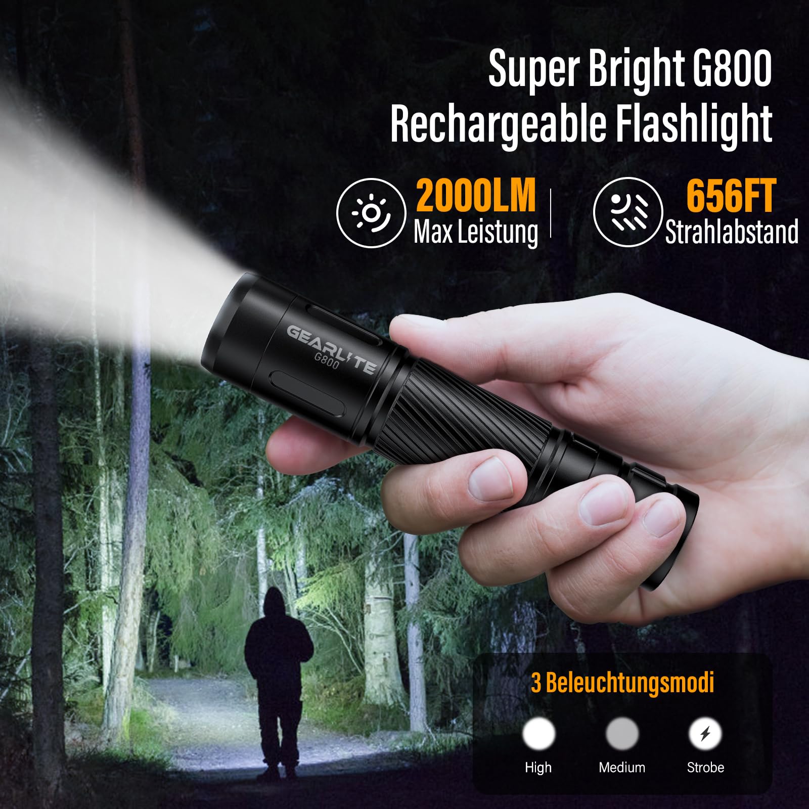 Laetav LED-taskulamp, must (2000lm) - Pilt 2